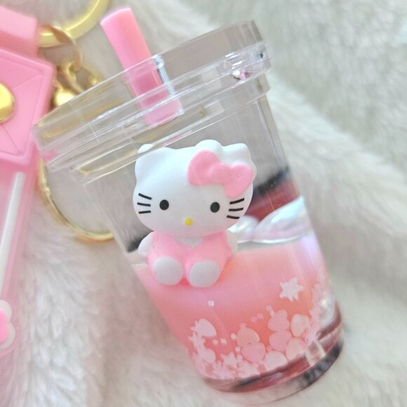 New Hello Kitty Pink Milk Tea Liquid Oil Keychain Bag Charm - Picture 4 of 5